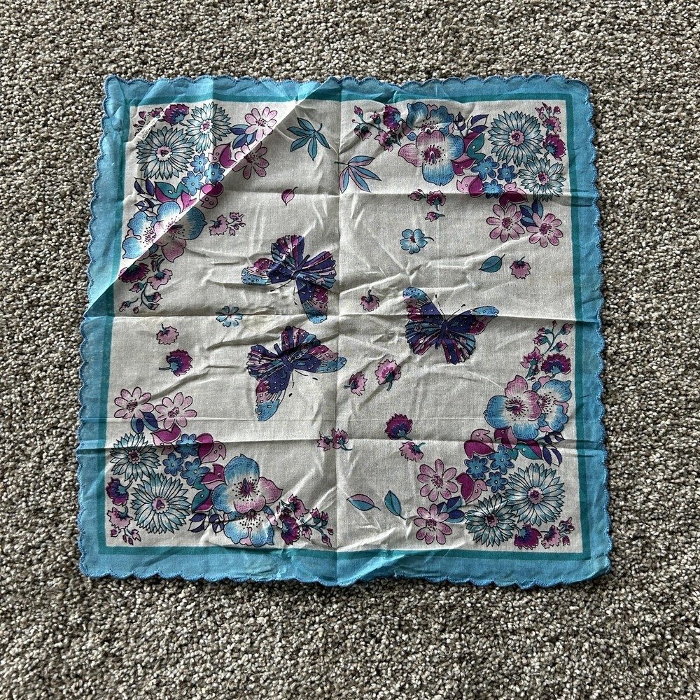 Square Scarf Womens One Size Blue Floral Butterfly Cotton China Scallop Edge